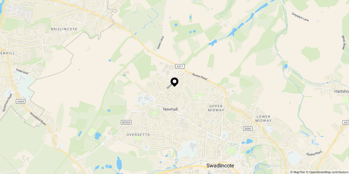 Approximate location of Redhill Lodge Road, Newhall, Swadlincote, Derbyshire, DE11 0NZ